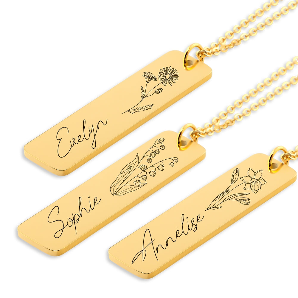 Name & Birthflower Necklace - SchilGrey Vault OwnPrint Jewelry Name & Birthflower Necklace Custom Jewelry, Personalized Jewelry